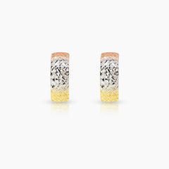 TRI-COLOR STRIPED LADIES EARRINGS IN (SAUDI) 18K YELLOW / WHITE / ROSE GOLD