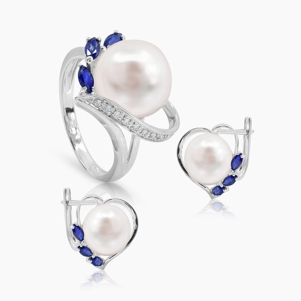 6 1/2" HEART WHITE FRESH WATER PEARL LADIES RING AND HOOP EARRINGS SET WITH DIAMOND 9=0.03 / 3.01 / 4.5 - 18=0.06 / 6.2 / 2.93 CARAT DIAMONDS IN 14K WHITE GOLD