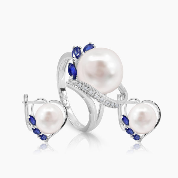 6 1/2" HEART WHITE FRESH WATER PEARL LADIES RING AND HOOP EARRINGS SET WITH DIAMOND 9=0.03 / 3.01 / 4.5 - 18=0.06 / 6.2 / 2.93 CARAT DIAMONDS IN 14K WHITE GOLD