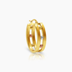 TRI-COLOR ROUND BEADS LADIES HOOP EARRINGS IN (SAUDI) 18K YELLOW / WHITE / ROSE GOLD