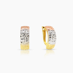 TRI-COLOR STRIPED LADIES EARRINGS IN (SAUDI) 18K YELLOW / WHITE / ROSE GOLD