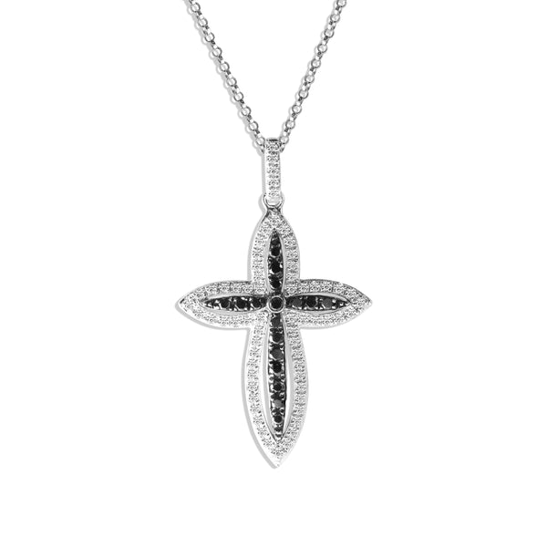 CROSS DIAMOND BLACK AND WHITE PENDANT WITH ROLO CHAIN IN 14K WHITE GOLD