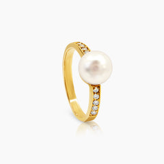 6 1/2" WHITE PEARL LADIES RING AND HOOP EARRINGS SET WITH DIAMOND 22=0.283 / 6.1 / 4.0 CARAT DIAMONDS IN 14K YELLOW GOLD