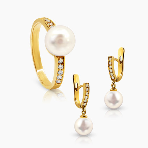 6 1/2" WHITE PEARL LADIES RING AND HOOP EARRINGS SET WITH DIAMOND 22=0.283 / 6.1 / 4.0 CARAT DIAMONDS IN 14K YELLOW GOLD