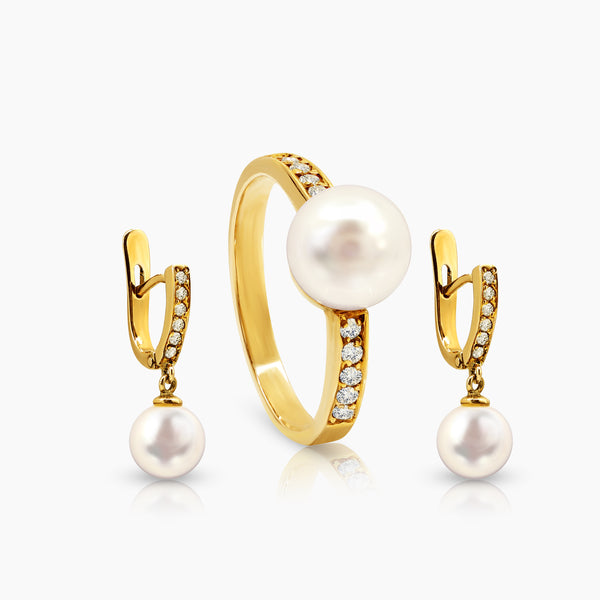 6 1/2" WHITE PEARL LADIES RING AND HOOP EARRINGS SET WITH DIAMOND 22=0.283 / 6.1 / 4.0 CARAT DIAMONDS IN 14K YELLOW GOLD