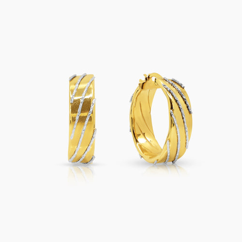 TWO TONE STRIPED LADIES HOOP EARRINGS IN (SAUDI) 18K YELLOW AND WHITE GOLD
