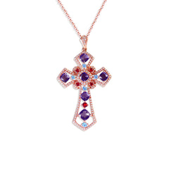 COLORED STONES CROSS PENDANT WITH FINE ROLO CHAIN IN 14K ROSE GOLD