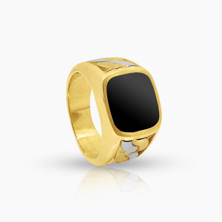 9" TWO TONE ROUND EDGE SQUARE BLACK ONYX MENS RING IN (SAUDI) 18K YELLOW GOLD