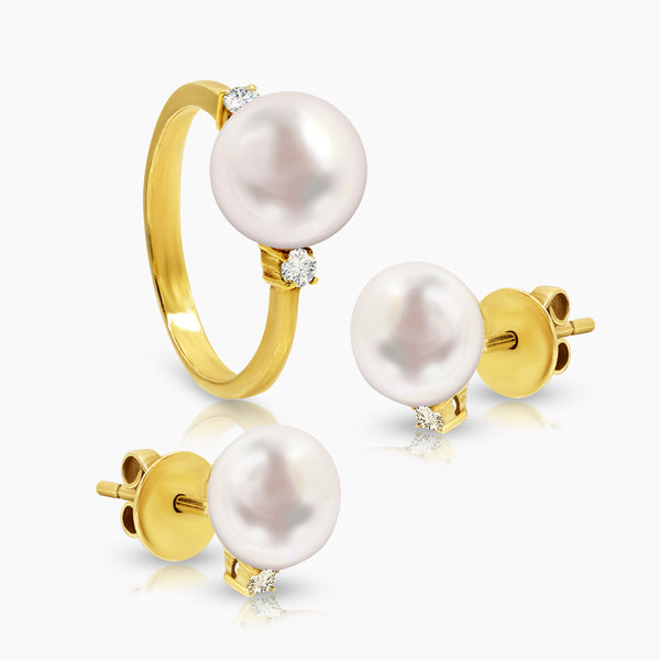 6 1/2" BUTTON WHITE FRESH WATER PEARL LADIES RING AND STUD EARRINGS SET WITH DIAMOND 4=0.17 / 6.6 / 4.0 CARAT DIAMONDS IN 14K YELLOW GOLD