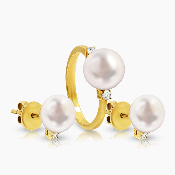 6 1/2" BUTTON WHITE FRESH WATER PEARL LADIES RING AND STUD EARRINGS SET WITH DIAMOND 4=0.17 / 6.6 / 4.0 CARAT DIAMONDS IN 14K YELLOW GOLD