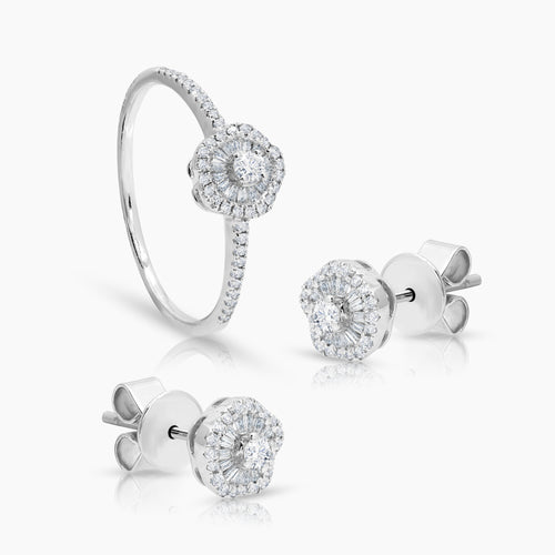 6 1/2" DIAMOND FLOWER LADIES RING AND STUD EARRINGS SET WITH DIAMOND (RING) 14=.05 / 1=.04 / 40=.09 / (EARRINGS) 30=.10 / 2=.08 / 40=.0x CARAT DIAMONDS IN 18K WHITE GOLD