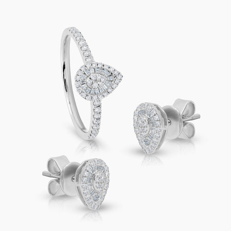 6 1/2 -  DIAMOND TEAR DROP LADIES RING AND STUD EARRINGS SET WITH DIAMOND 16=0.05 / 42=0.20 / 2.01 CARAT DIAMONDS IN 18K WHITE GOLD