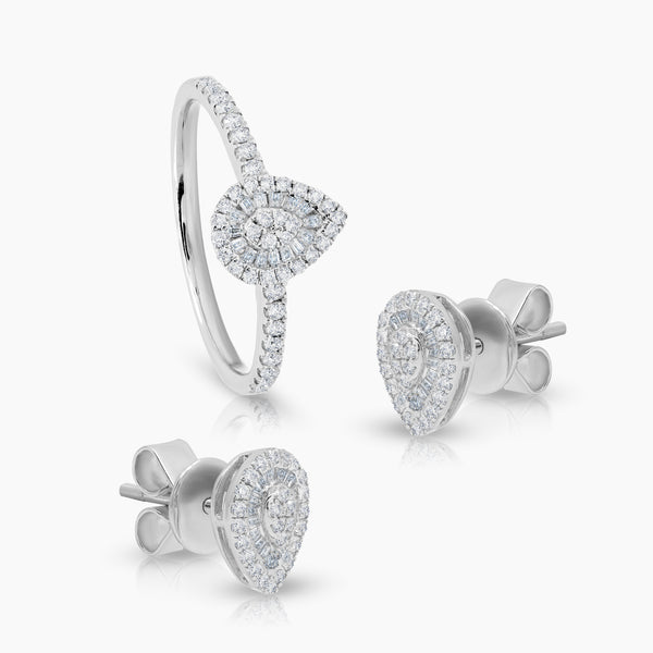 6 1/4" DIAMOND TEAR DROP LADIES RING AND STUD EARRINGS SET WITH DIAMOND 16=0.05 / 42=0.20 / 2.01 CARAT DIAMONDS IN 18K WHITE GOLD