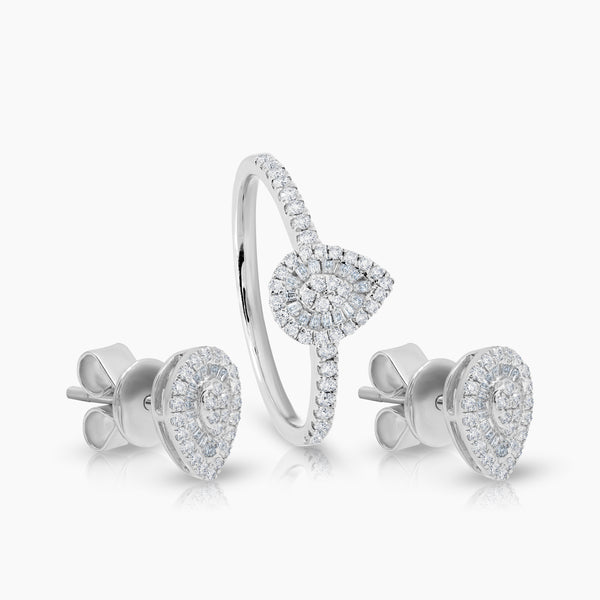 6 1/4" DIAMOND TEAR DROP LADIES RING AND STUD EARRINGS SET WITH DIAMOND 16=0.05 / 42=0.20 / 2.01 CARAT DIAMONDS IN 18K WHITE GOLD