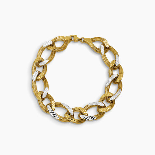 TWO TONE CHUNKY BARB LINK CHAIN BRACELET IN (SAUDI) 18K YELLOW AND WHITE GOLD