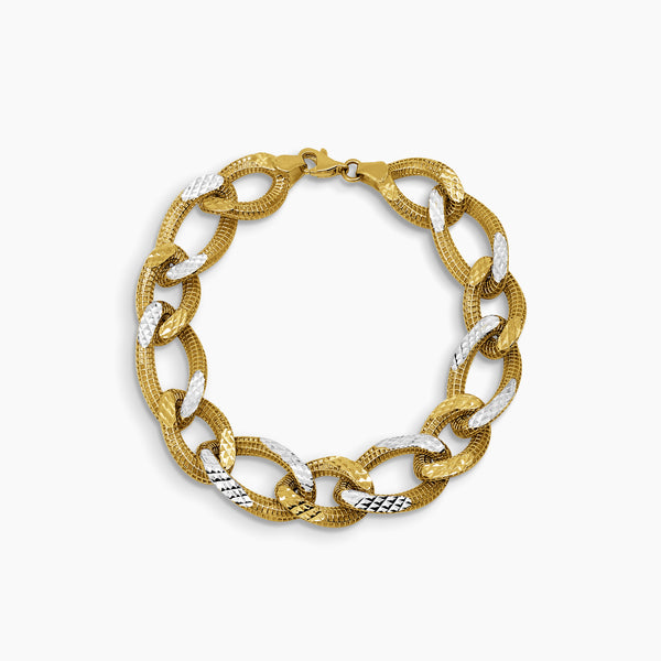 TWO TONE CHUNKY BARB LINK CHAIN BRACELET IN (SAUDI) 18K YELLOW AND WHITE GOLD