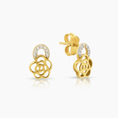 TWO TONE FLOWER LADIES RING, PENDANT AND STUD EARRINGS SET WITH CUBIC ZIRCONIAN STONE IN (SAUDI) 18K YELLOW AND WHITE GOLD
