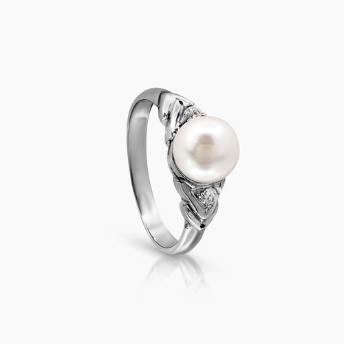 5 - 6.5 MM - ROUND WHITE FRESH WATER PEARL LADIES RING WITH 2=0.05 / 2.5 / 2.0 CARAT DIAMONDS 14K WHITE GOLD