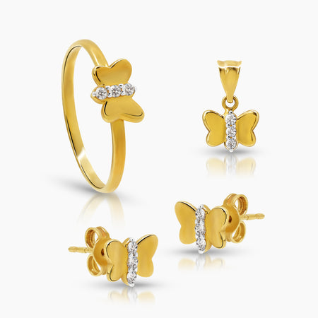 TWO TONE BUTTERFLY LADIES RING, PENDANT AND STUD EARRINGS SET WITH CUBIC ZIRCONIAN STONE IN (SAUDI) 18K YELLOW AND WHITE GOLD