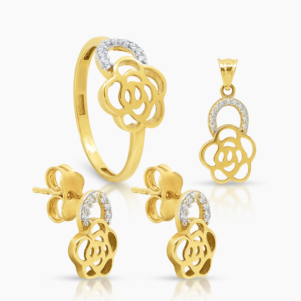 TWO TONE FLOWER LADIES RING, PENDANT AND STUD EARRINGS SET WITH CUBIC ZIRCONIAN STONE IN (SAUDI) 18K YELLOW AND WHITE GOLD