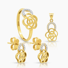 TWO TONE FLOWER LADIES RING, PENDANT AND STUD EARRINGS SET WITH CUBIC ZIRCONIAN STONE IN (SAUDI) 18K YELLOW AND WHITE GOLD