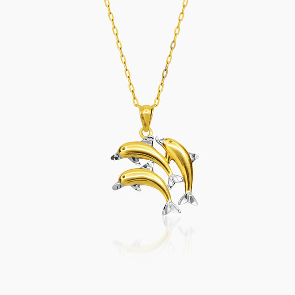 TWO TONE TRIPLE DOLPHIN PENDANT AND NECKLACE IN (SAUDI) 18K YELLOW GOLD