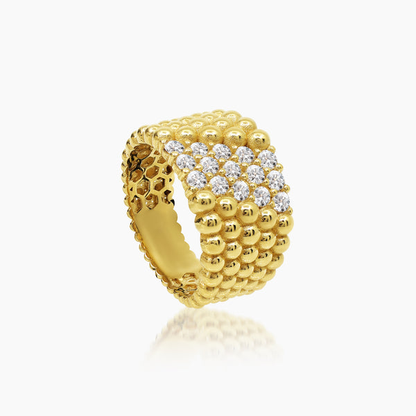 6 - BEADED LADIES RING WITH CUBIC ZIRCONIAN STONE IN (SAUDI) 18K YELLOW GOLD