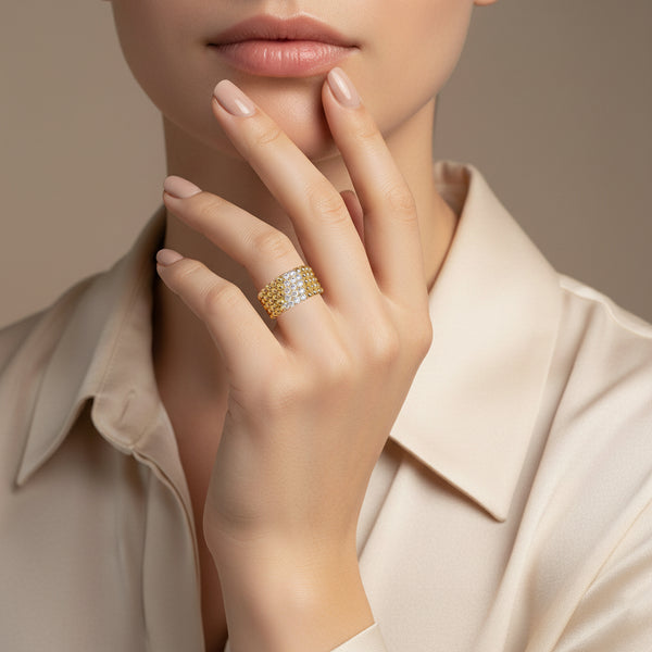 6 - BEADED LADIES RING WITH CUBIC ZIRCONIAN STONE IN (SAUDI) 18K YELLOW GOLD