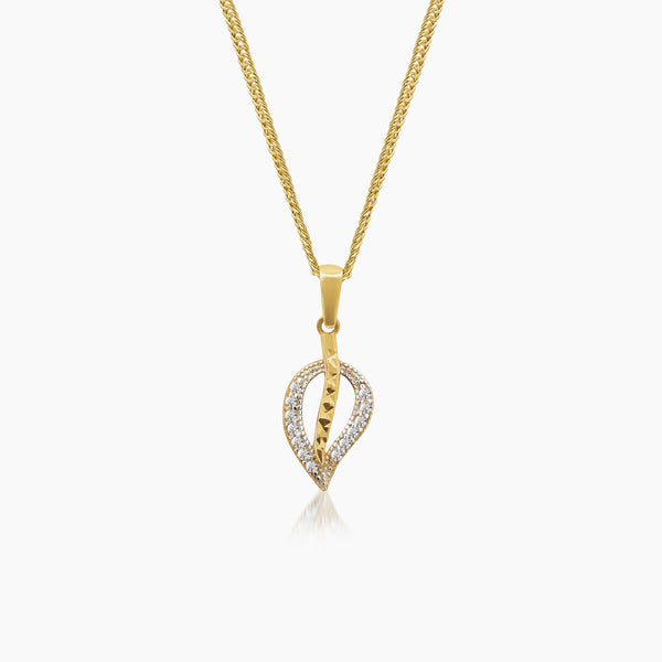LEAF LADIES NECKLACE AND PENDANT WITH CUBIC ZIRCONIAN STONE IN (ITALIAN) 14K YELLOW GOLD