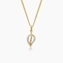 LEAF LADIES NECKLACE AND PENDANT WITH CUBIC ZIRCONIAN STONE IN (ITALIAN) 14K YELLOW GOLD