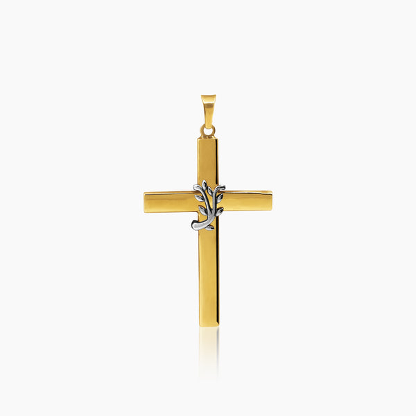 CROSS PENDANT WITH OLIVE BRANCH ± 30 mm (H) X ± 18mm (L) IN 18K YELLOW AND WHITE GOLD