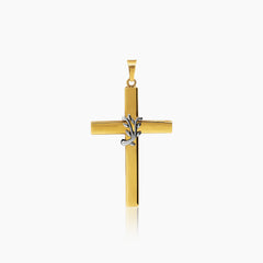 CROSS PENDANT WITH OLIVE BRANCH ± 30 mm (H) X ± 18mm (L) IN 18K YELLOW AND WHITE GOLD