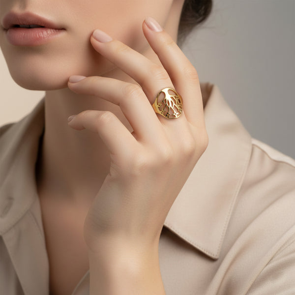7 - TREE OF LIFE LADIES RING IN (SAUDI) 18K YELLOW GOLD