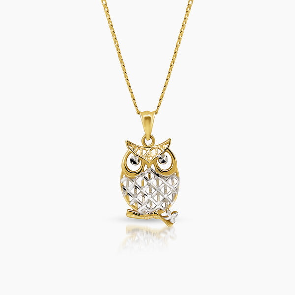 TWO TONE OWL LADIES NECKLACE AND PENDANT IN (SAUDI) 18K YELLOW AND WHITE GOLD