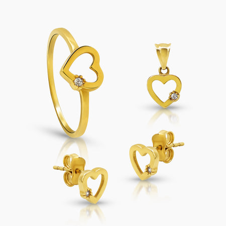 HEART LADIES RING, PENDANT AND STUD EARRINGS SET WITH CUBIC ZIRCONIAN STONE IN (SAUDI) 18K YELLOW AND WHITE GOLD