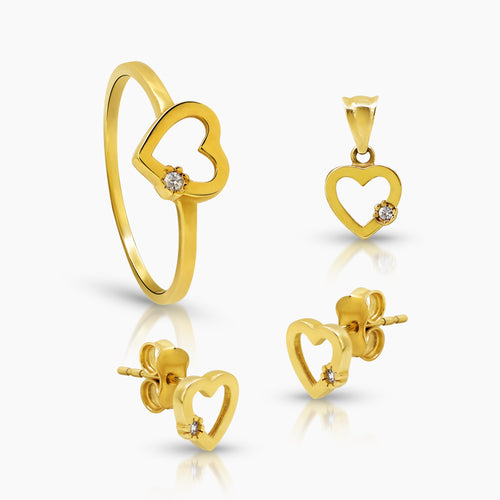 HEART LADIES RING, PENDANT AND STUD EARRINGS SET WITH CUBIC ZIRCONIAN STONE IN (SAUDI) 18K YELLOW AND WHITE GOLD
