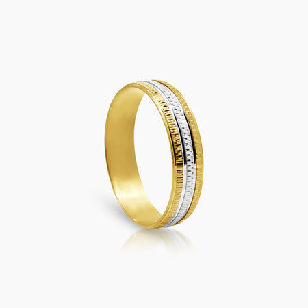 TWO TONE STRIPES DIAMOND CUT WEDDING RING IN (SAUDI) 18K YELLOW AND WHITE GOLD