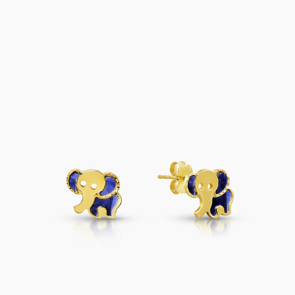ELEPHANT WITH BLUE ENAMEL LADIES STUD EARRINGS IN (ITALIAN) 14K YELLOW GOLD