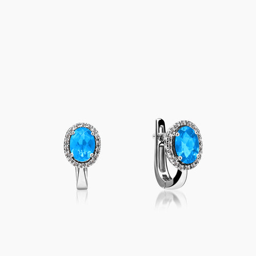 DIAMOND AND BLUE TOPAZ LADIES HOOP EARRINGS WITH TBS2-5x7 MM CARAT IN 14K WHITE GOLD