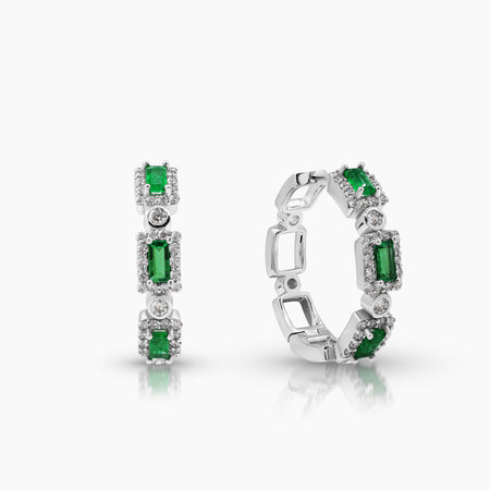 EMERALD CHAIN LINK DIAMOND LADIES HOOP EARRINGS WITH  90*=0.64 / 5.31 / 5.6 CARAT DIAMONDS IN 18K WHITE GOLD
