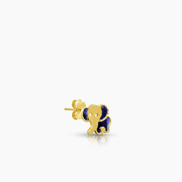 ELEPHANT WITH BLUE ENAMEL LADIES STUD EARRINGS IN (ITALIAN) 14K YELLOW GOLD