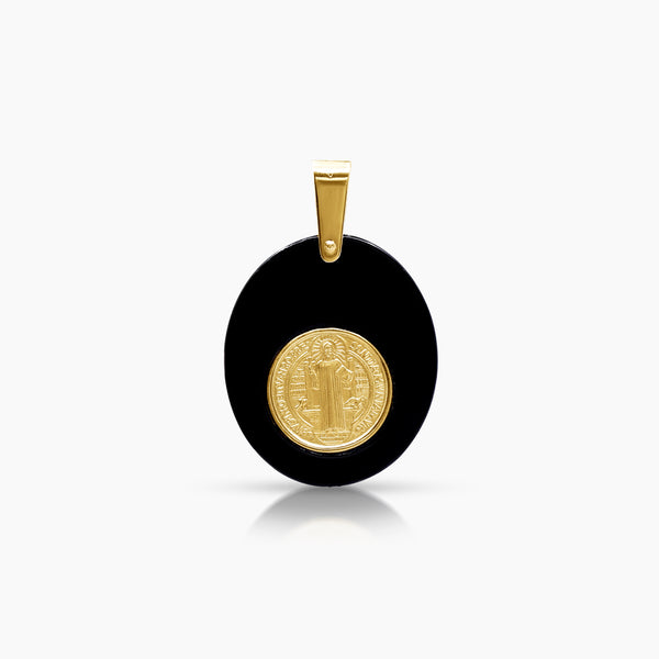 SAINT BENEDICT WITH BLACK ONYX MEDAL (24 MM) IN (ITALIAN) 18K YELLOW GOLD
