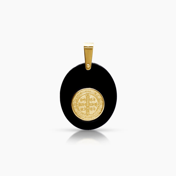 SAINT BENEDICT WITH BLACK ONYX MEDAL (24 MM) IN (ITALIAN) 18K YELLOW GOLD