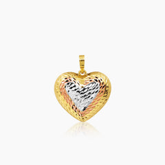 TRI-COLOR PUFF HEART PENDANT ± 24 mm (H) X ± 20 mm (L) IN (SAUDI) 18K YELLOW, WHITE, AND ROSE GOLD