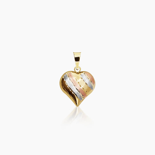 TRI-COLOR TEXTURED STRIPES HEART PENDANT IN (SAUDI) 18K YELLOW GOLD, WHITE AND ROSE GOLD