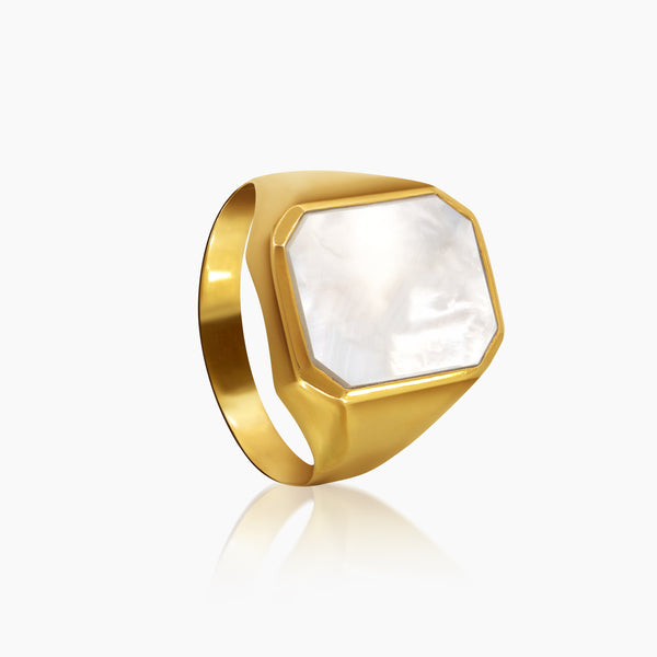 11.5 - OCTAGONAL SIGNET MENS RING WITH MOTHER OF PEARL IN (SAUDI) 18K YELLOW GOLD