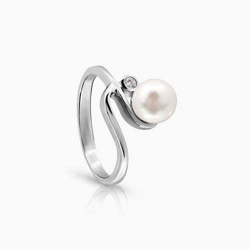 5.5 - 6.25 MM - ROUND WHITE FRESH WATER PEARL LADIES RING WITH 1=0.03 / 2.9 / 2.4 CARAT DIAMONDS 14K WHITE GOLD