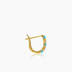DIAMONDS AND TURQUOISE LADIES HOOP EARRINGS WITH 4TQ=0.14 / 6=0.22 / 1.41  CARAT DIAMONDS IN 18K YELLOW GOLD