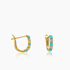 DIAMONDS AND TURQUOISE LADIES HOOP EARRINGS WITH 4TQ=0.14 / 6=0.22 / 1.41  CARAT DIAMONDS IN 18K YELLOW GOLD