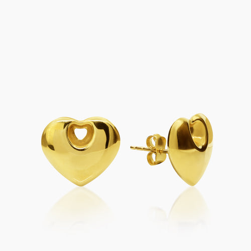 PUFFY HEART LADIES STUD EARRINGS IN (SAUDI) 18K YELLOW GOLD